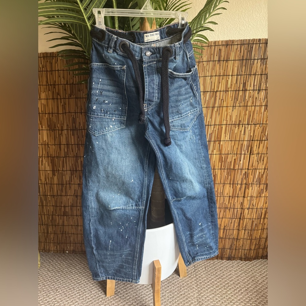 Free People Blue Denim Wide Leg Jeans with Paint Splatter